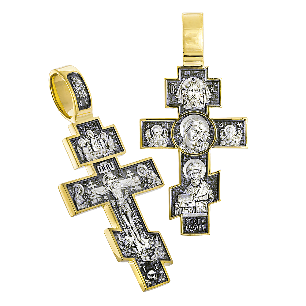 Мужской крест со св. Спиридоном и Казанской иконой серебро/золочение