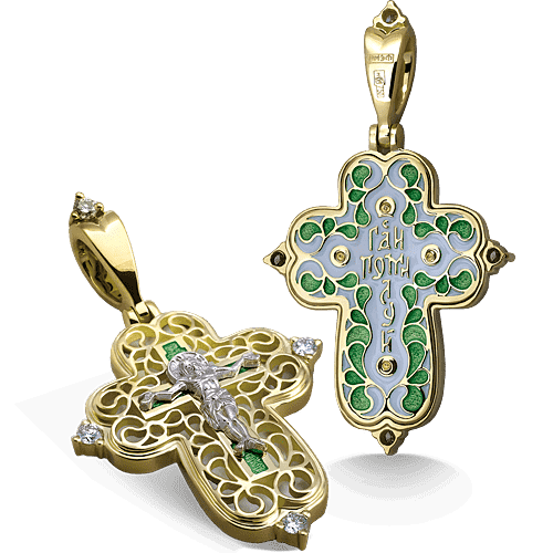Нательный крест с камнями и эмалью КЭ 106 серебро/золочение
