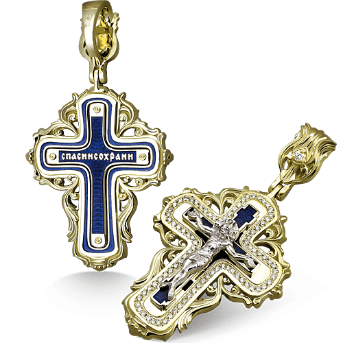 Нательный крест с камнями и эмалью КЭ 112 серебро/золочение