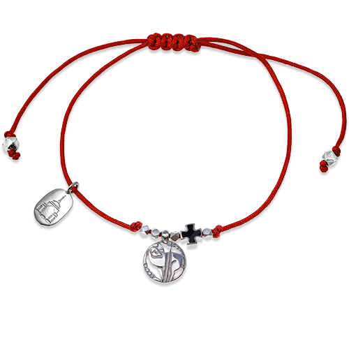 Браслет «крестик и агнец» на красной веревочке серебро/родий