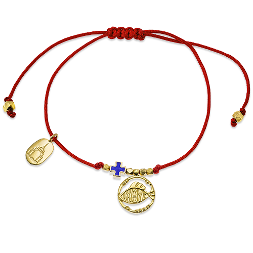 Браслет на верёвочке «Рыба ИХТИС» серебро/золочение