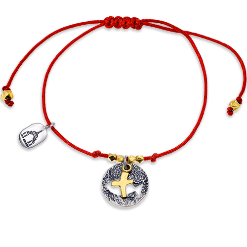 Браслет красная нить «Рыба крест» серебро/золочение