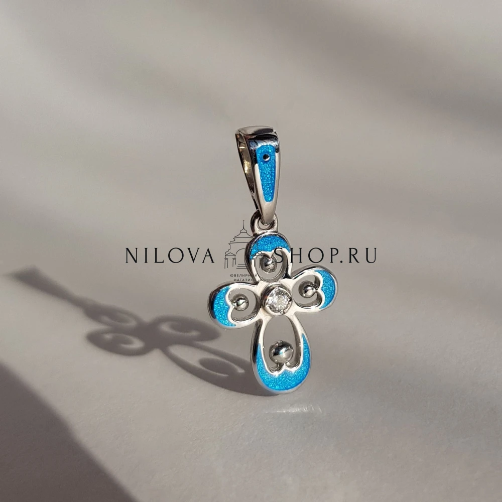 Нательный крестик детский с эмалью голубой «КЭ25» серебро/родий