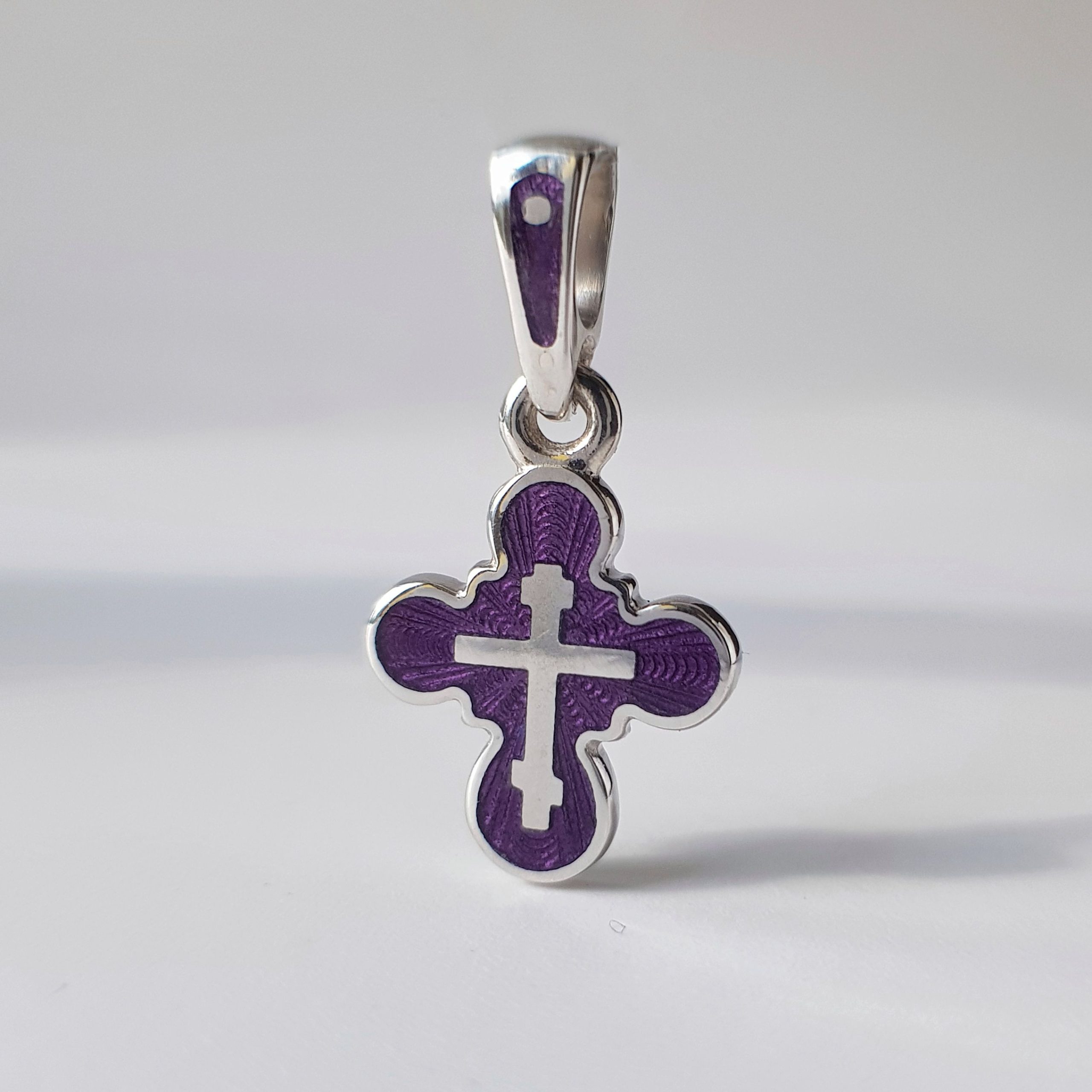 Детский крестик эмаль гильоше «КЭ23» фиолетовый серебро/родирование