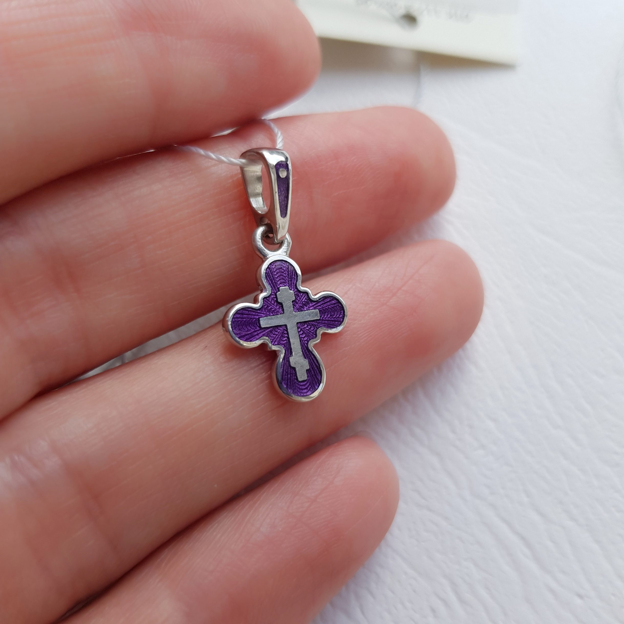 Детский крестик эмаль гильоше «КЭ23» фиолетовый серебро/родирование