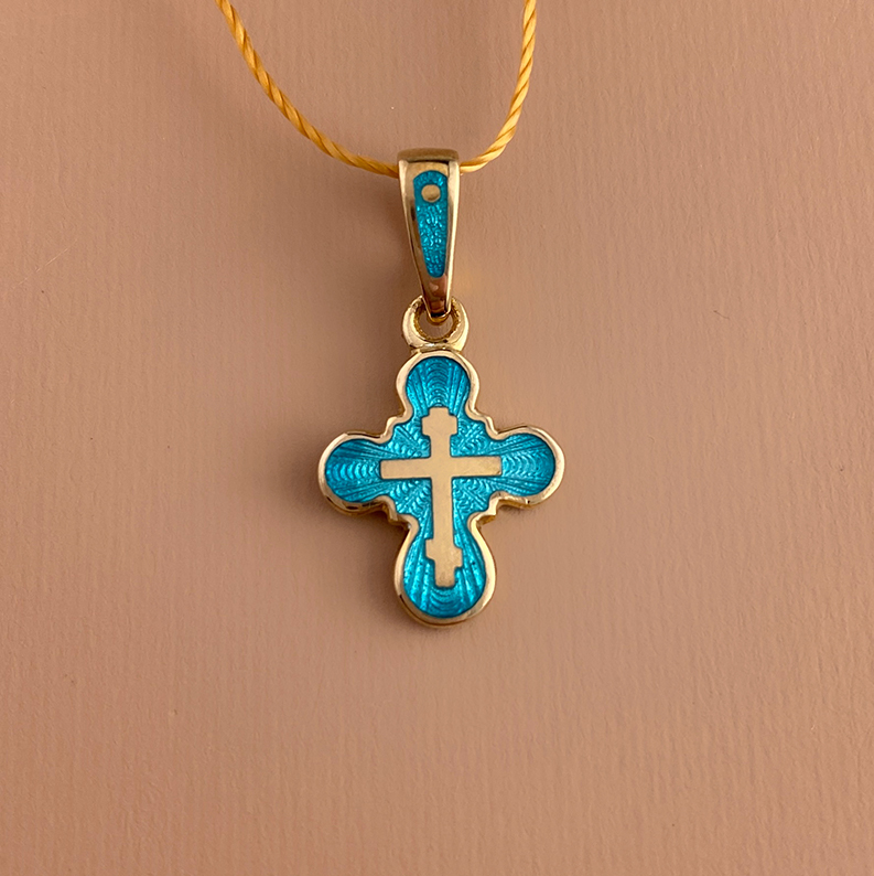 Детский крестик эмаль гильоше «КЭ23сз» зеленая гамма серебро/золочение