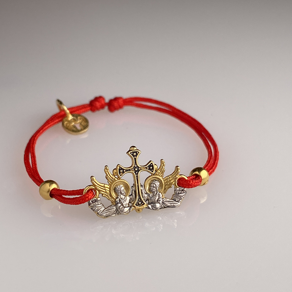 Браслет на нити «Крест с ангелами» серебро с позолотой