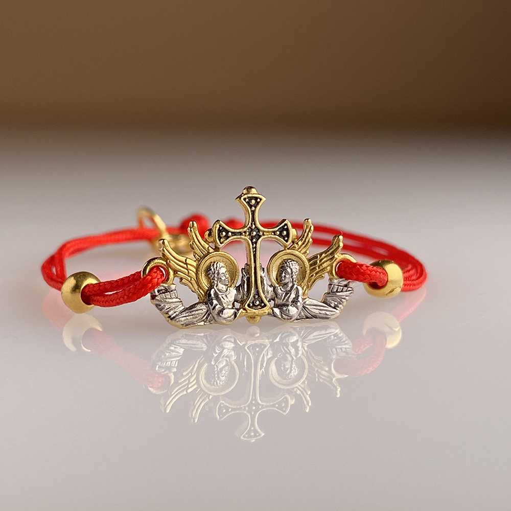 Браслет на нити «Крест с ангелами» серебро с позолотой