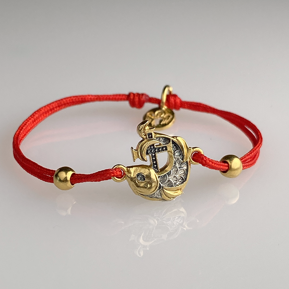 Браслет на нити «Рыбка» серебро/позолота