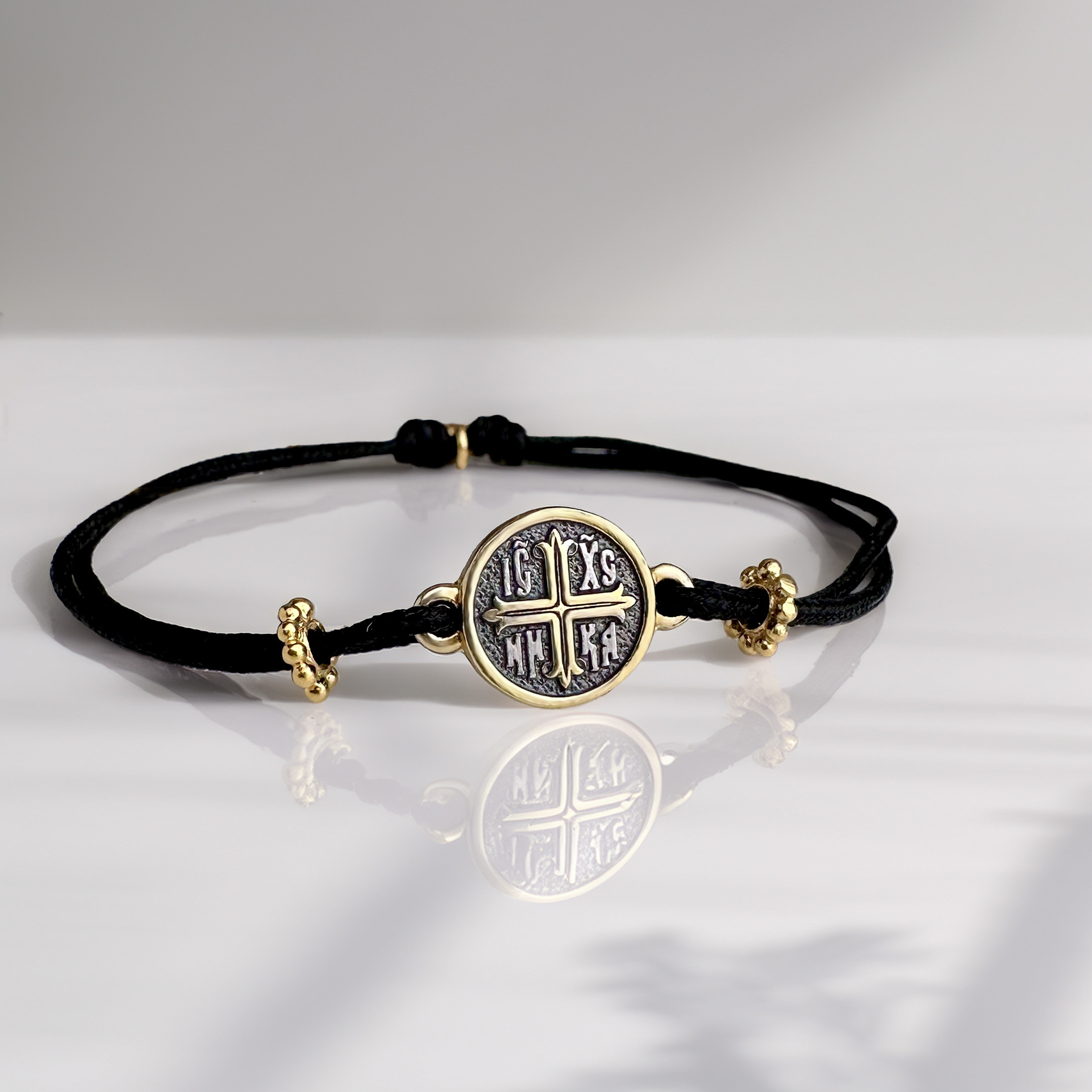 Браслет на веревочке "Крест 2" серебро/золочение