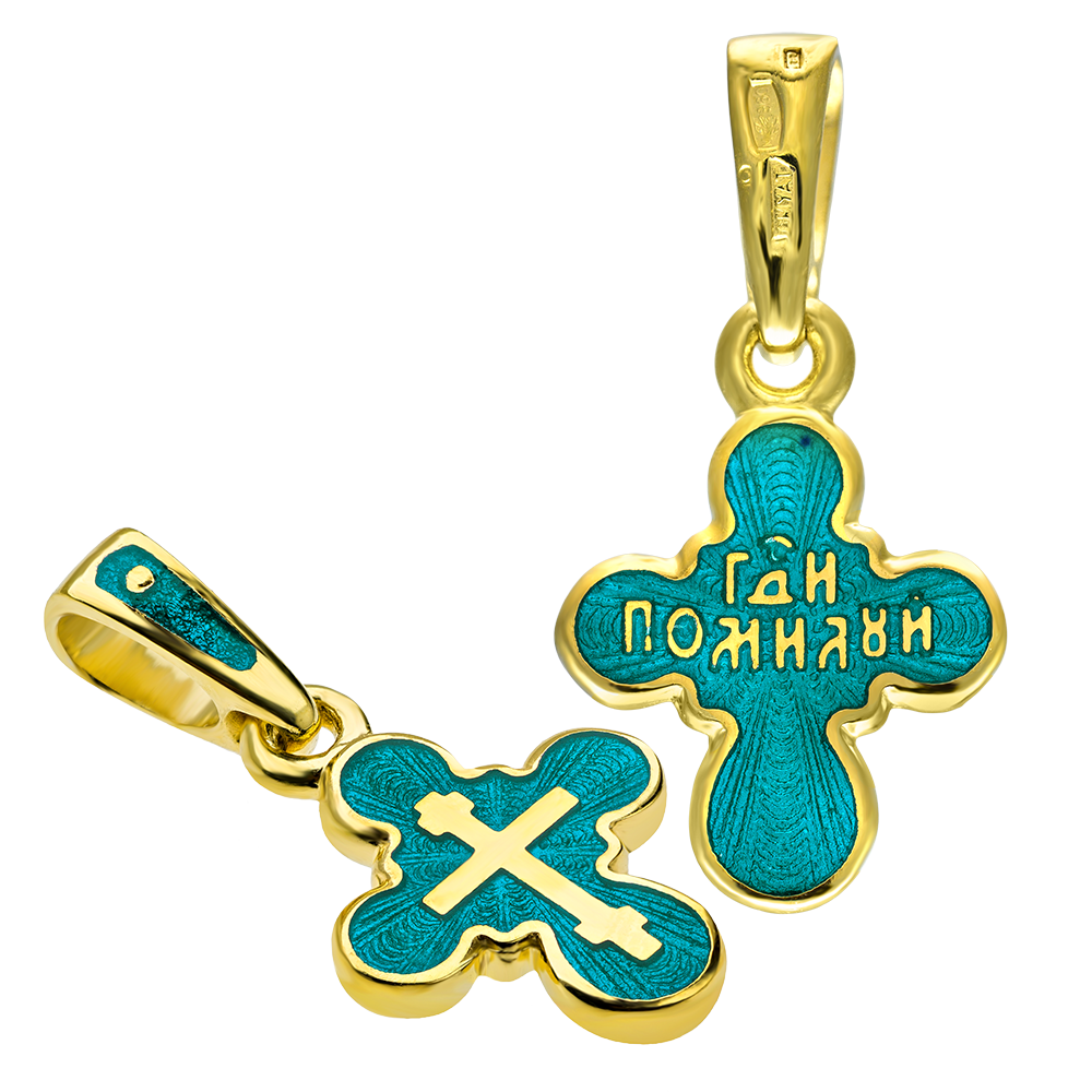 Детский крестик эмаль гильоше «КЭ23сз» зеленая гамма серебро/золочение