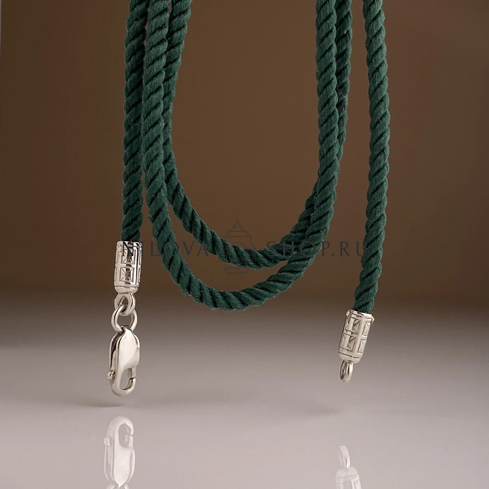 Шнурок на шею для детей и взрослых серебро/родий зелёный