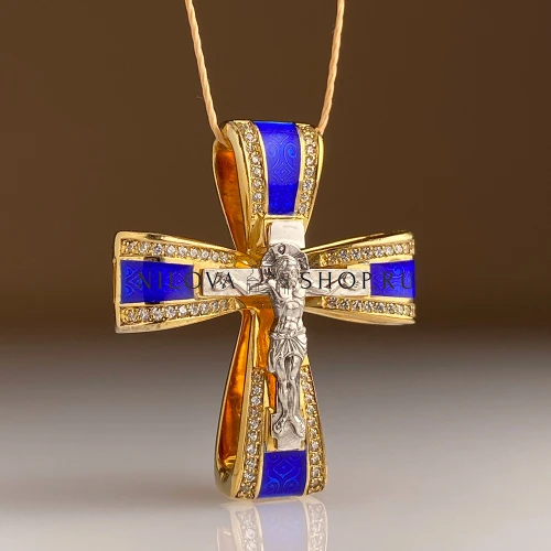 Нательный крест «КРСЭ110»  с камнями и эмалью серебро/золочение