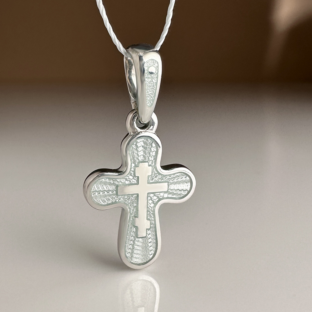 Нательный крестик с серой эмалью «К021» серебро/родий