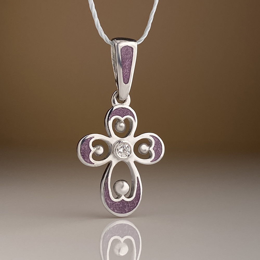 Нательный крестик детский с эмалью фиолетовый «КЭ25срф» серебро/родий