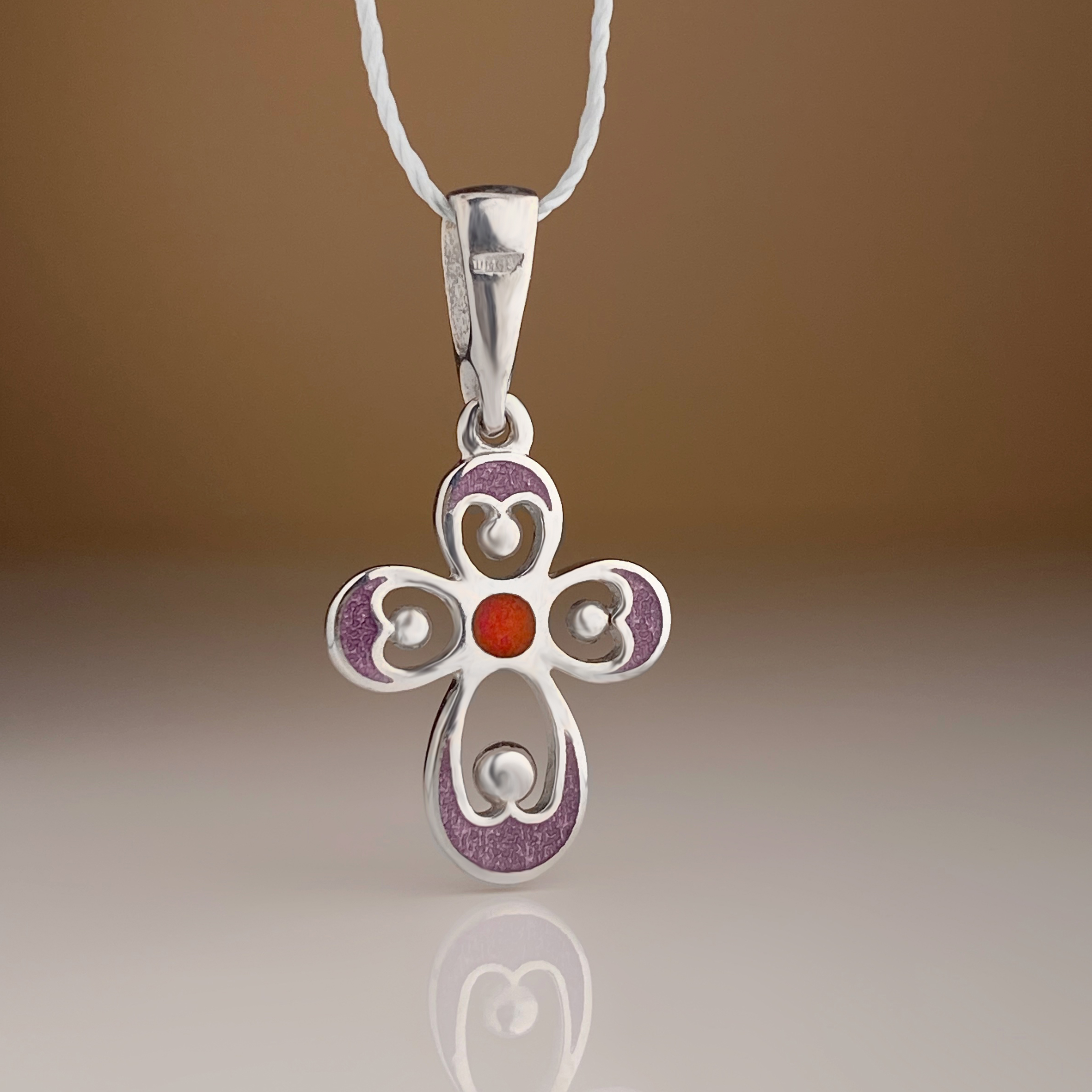 Нательный крестик детский с эмалью фиолетовый «КЭ25срф» серебро/родий