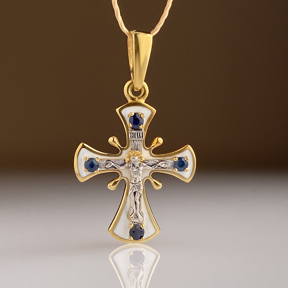 Нательный крест белый с сапфирами