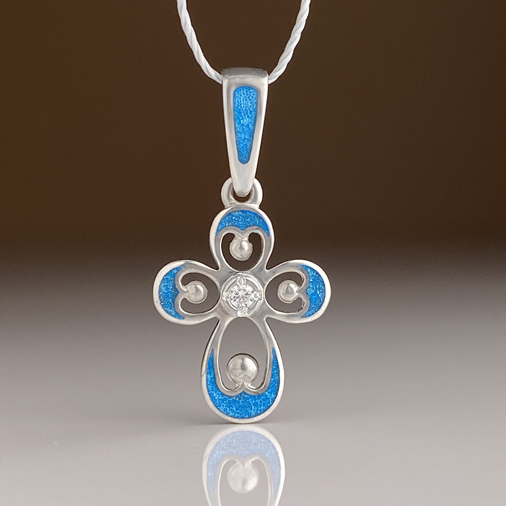 Нательный крестик детский с эмалью голубой «КЭ25» серебро/родий