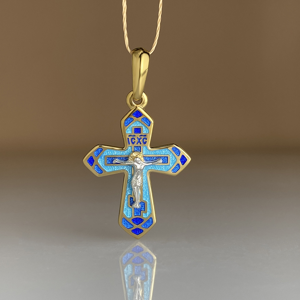 Нательный крестик с эмалью модель «К 07сз» голубой