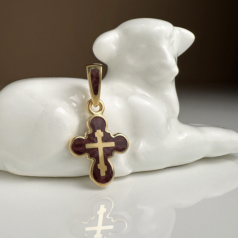 Детский крестик эмаль гильоше «КРЭ23 сз» коричневый серебро/золочение