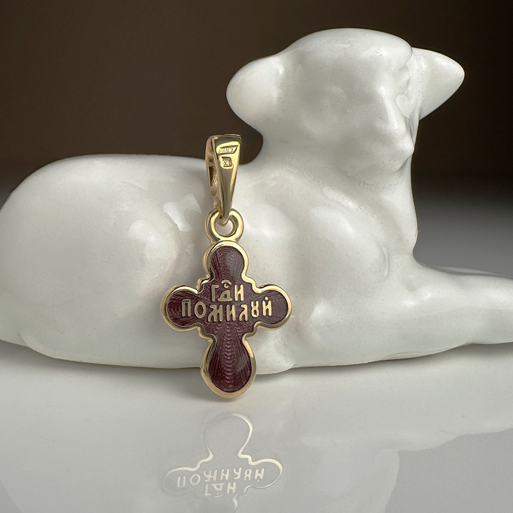 Детский крестик эмаль гильоше «КРЭ23 сз» коричневый серебро/золочение