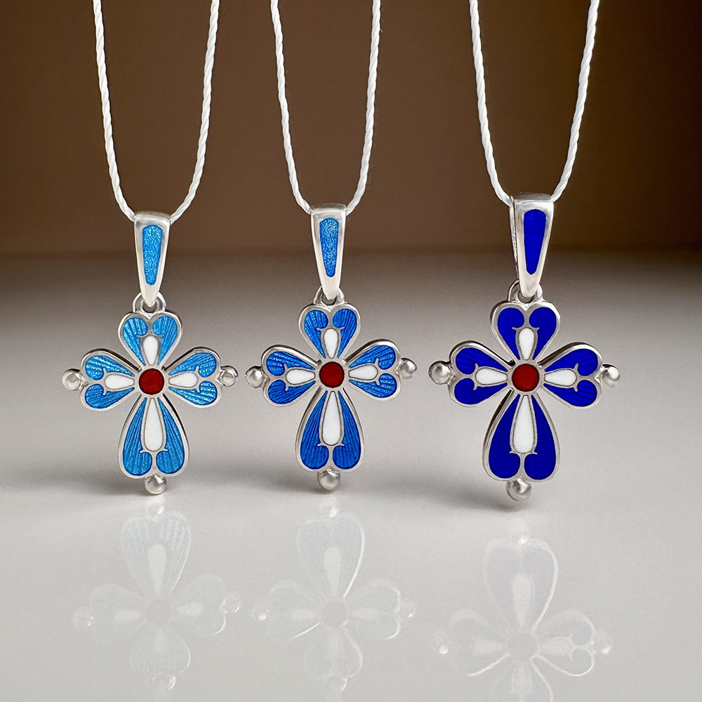 Нательный крестик детский с горячей эмалью «КЭ24» серебро/родий