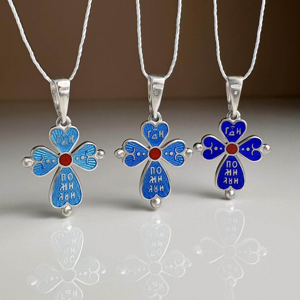 Нательный крестик детский с горячей эмалью «КЭ24» серебро/родий