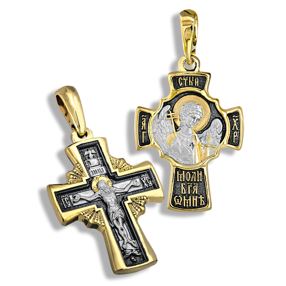 Нательный крест с ангелом хранителем КР077 серебро/золочение