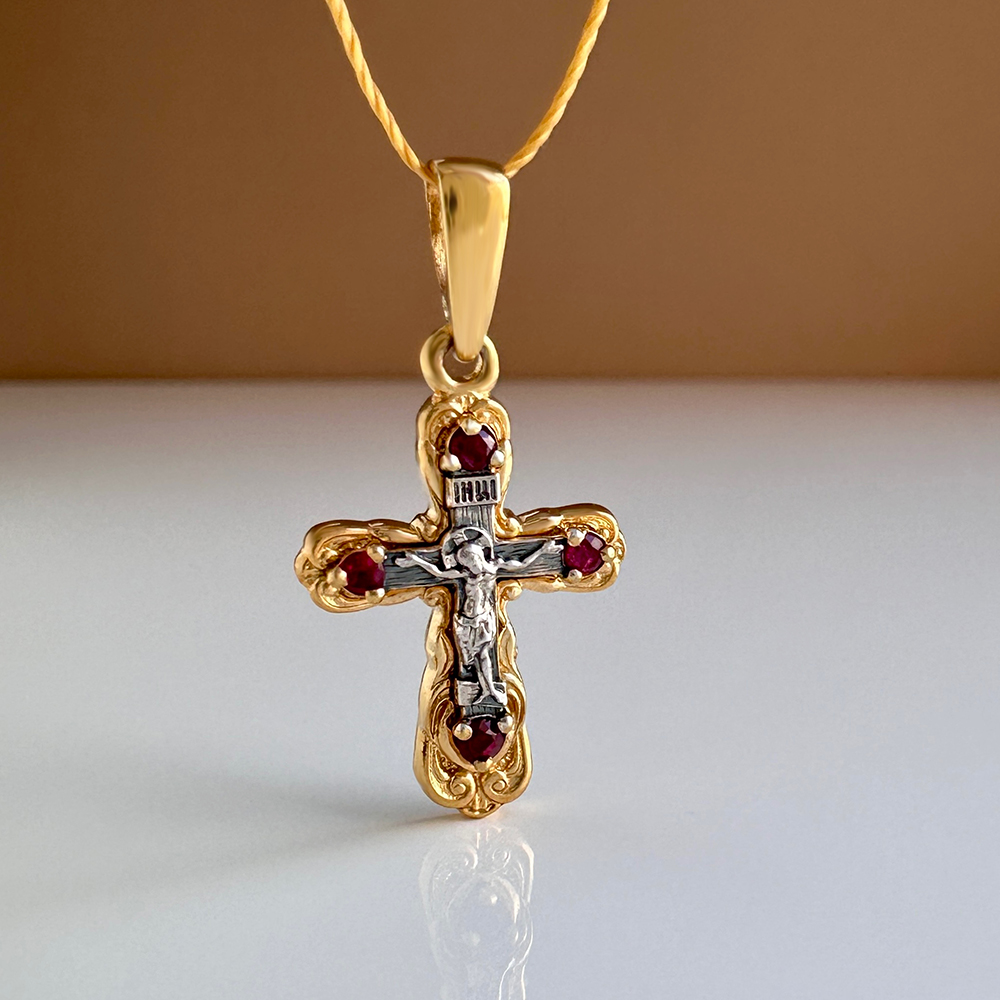 Нательный крест «Распятие Христово» КРД 04(сруб) с рубинами