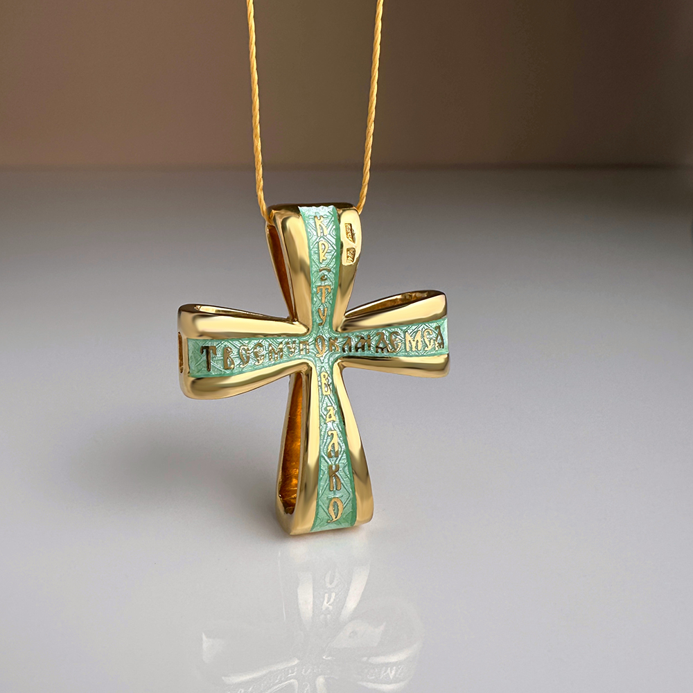 Нательный крест «КРЭ110салат» с камнями и эмалью серебро/золочение