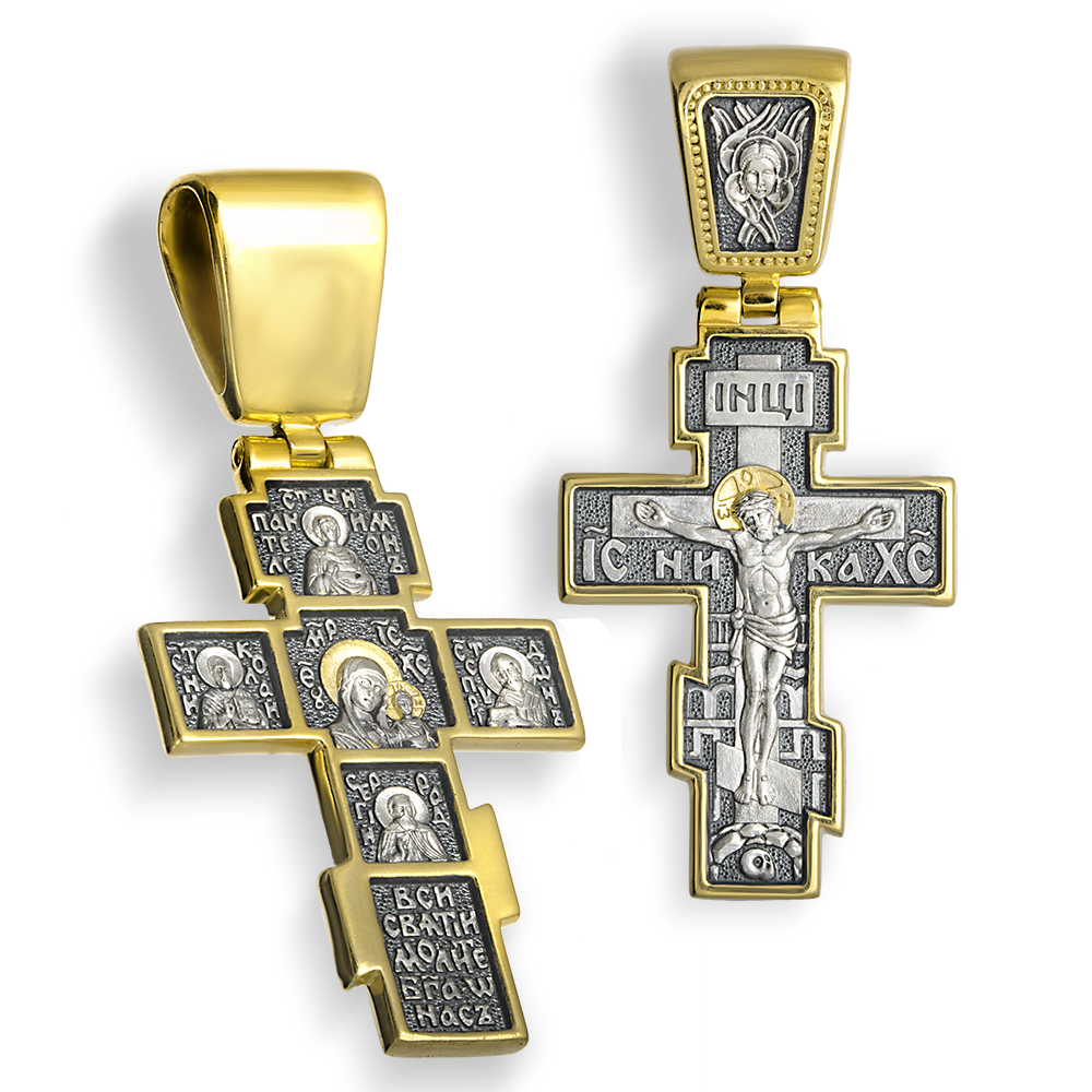 Нательный крест «Казанская Богородица со святыми» серебро с позолотой