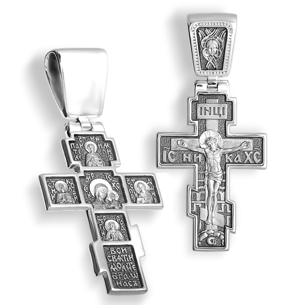 Нательный крест «Казанская Богородица со святыми» серебро
