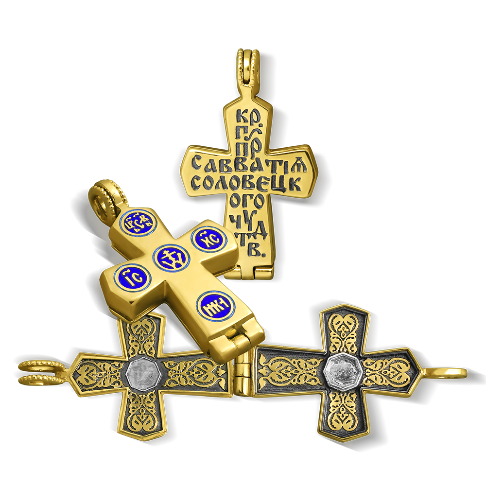 Нательный крест-мощевик «Савватия» с горячей эмалью серебро/золото