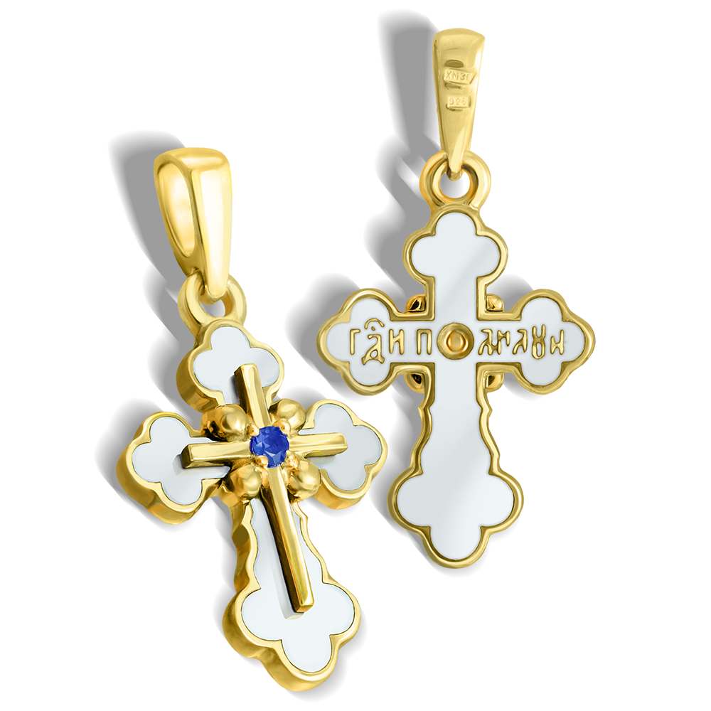 Нательный крест с горячей эмалью и сапфиром белый КРД03
