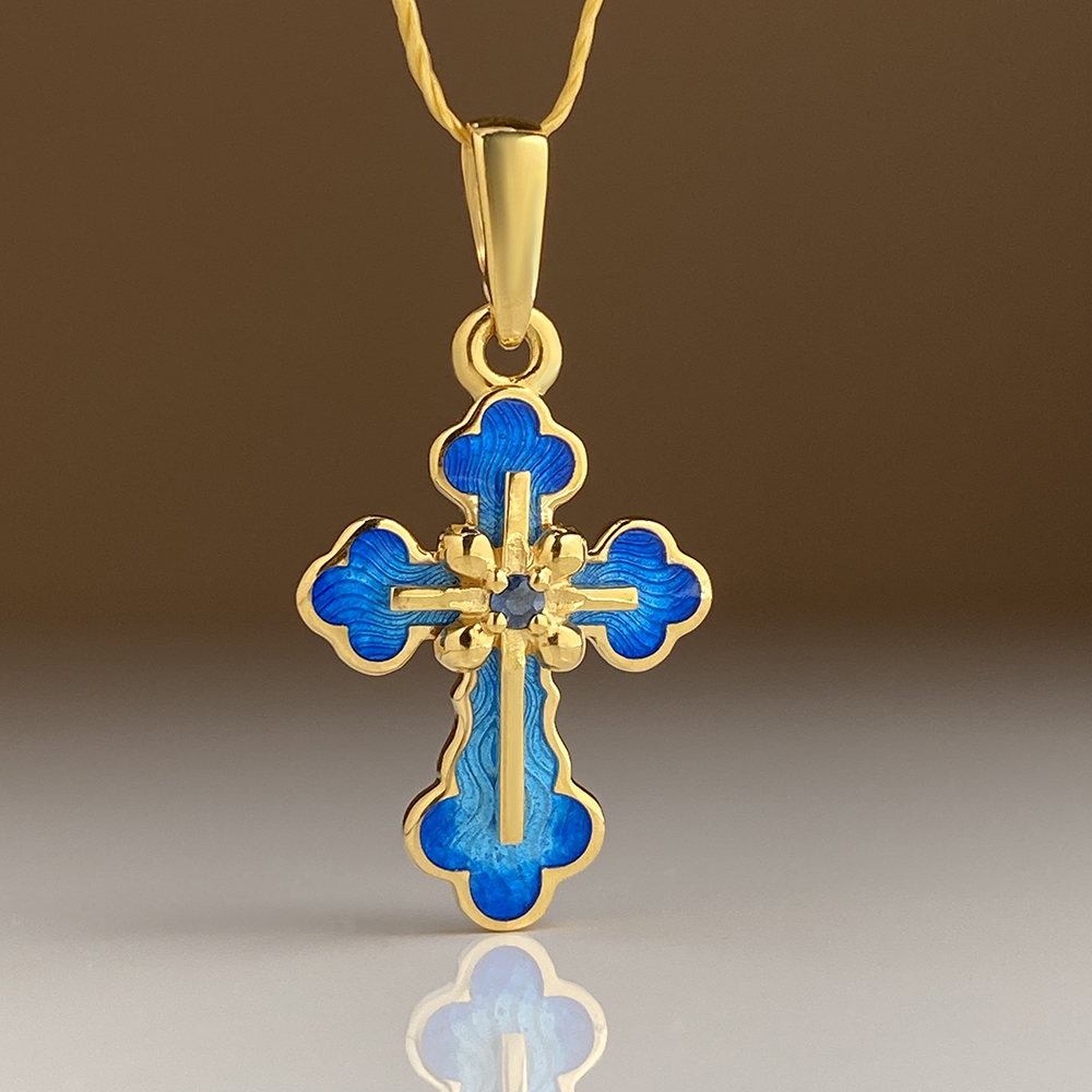 Нательный крест с горячей эмалью и сапфиром КРД03сз