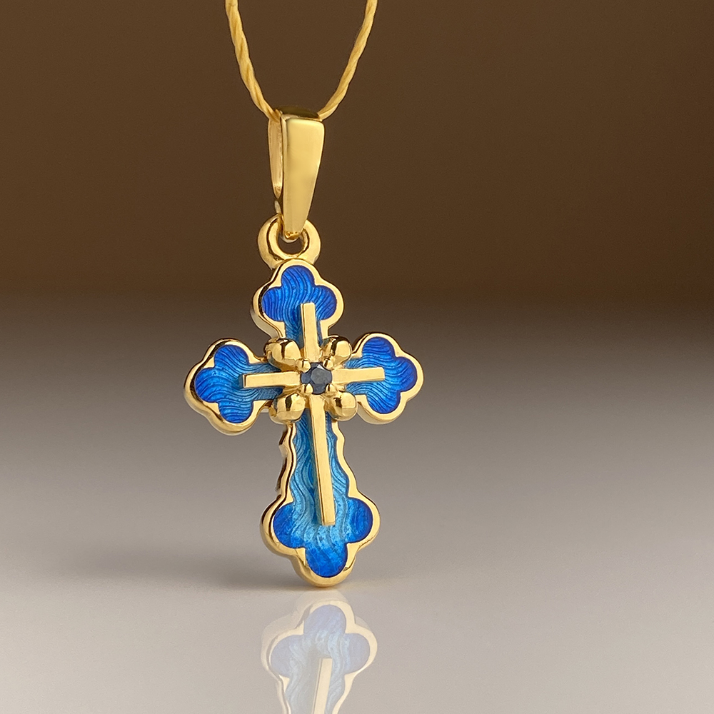 Нательный крест с горячей эмалью и сапфиром КРД03сз