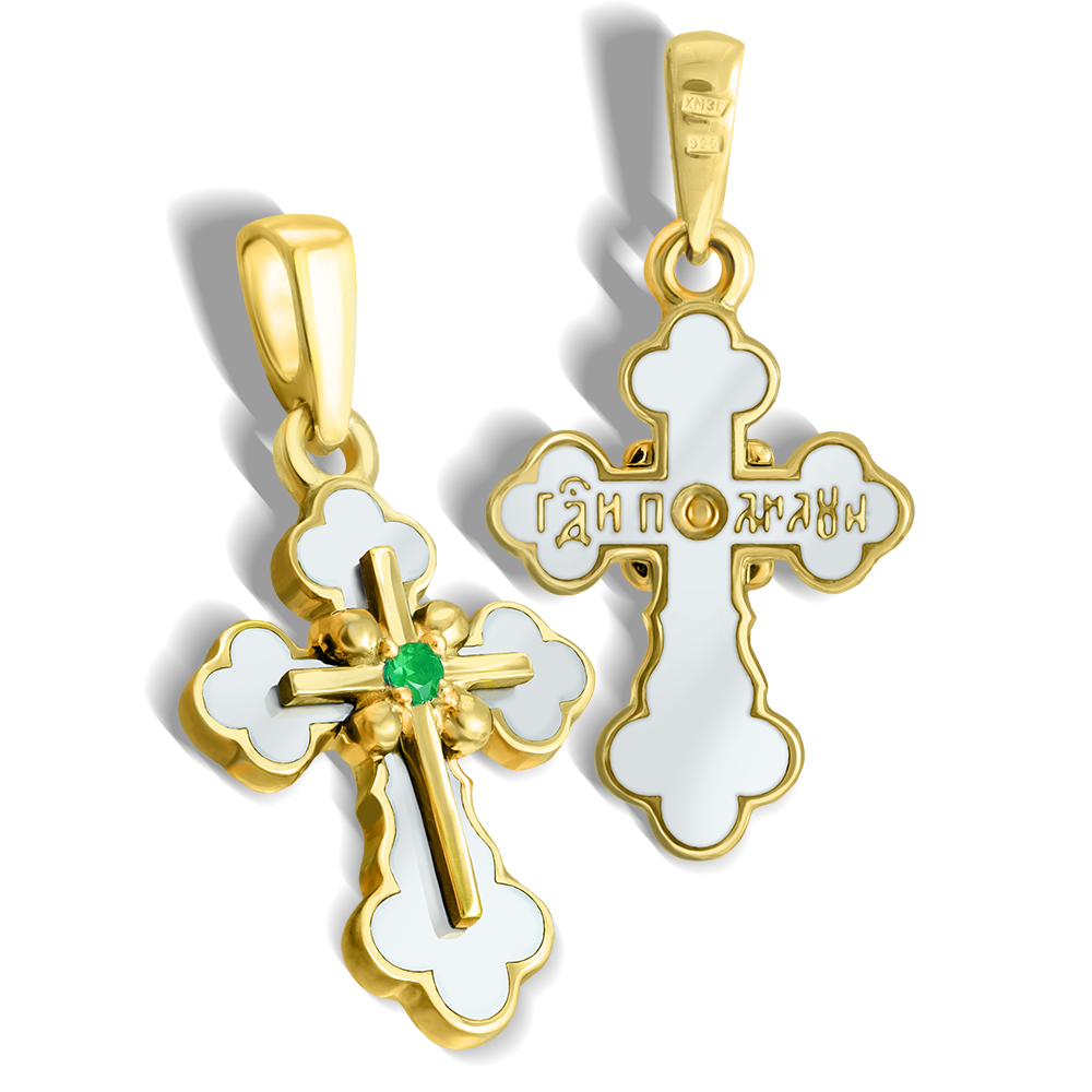 Нательный крест с горячей эмалью и изумрудом белый КРД03