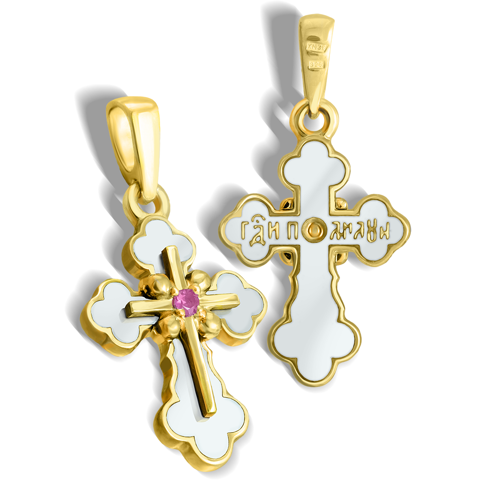 Нательный крест с горячей эмалью с рубином белый КРД03