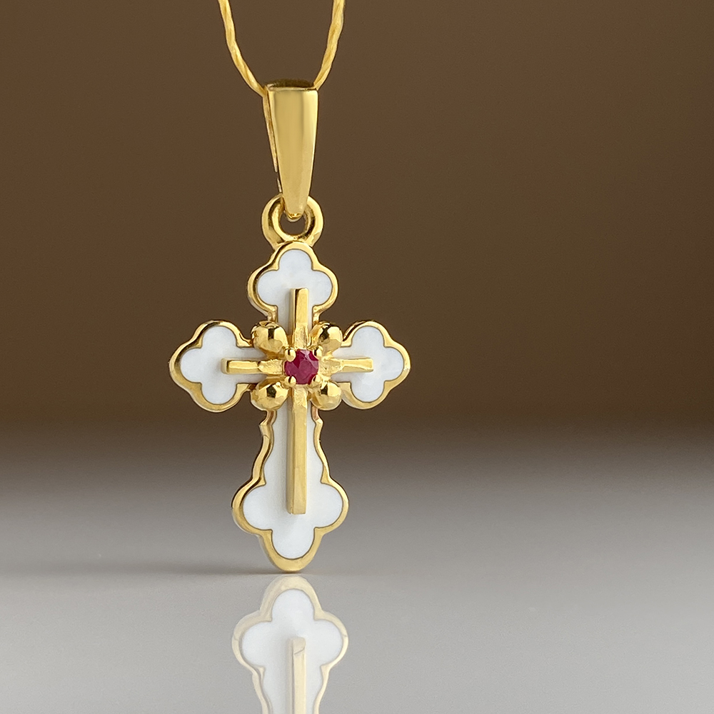 Нательный крест с горячей эмалью с рубином белый КРД03