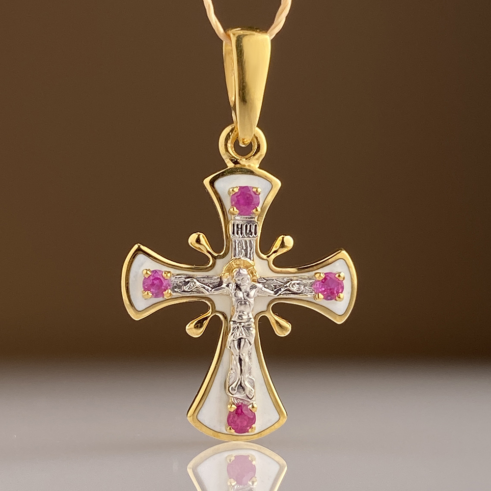 Нательный крест с рубинами и горячей эмалью