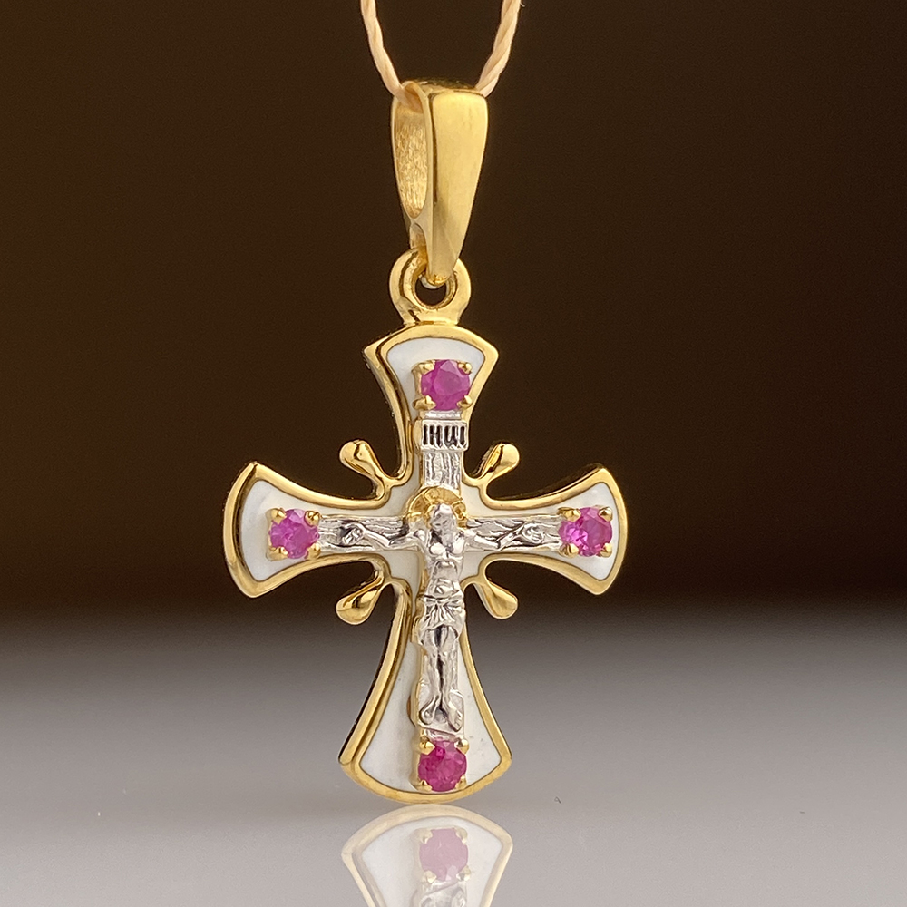 Нательный крест с рубинами и горячей эмалью