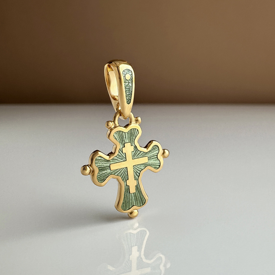Нательный крест с горячей эмалью КРНЭ03 сз «зеленый папоротник»