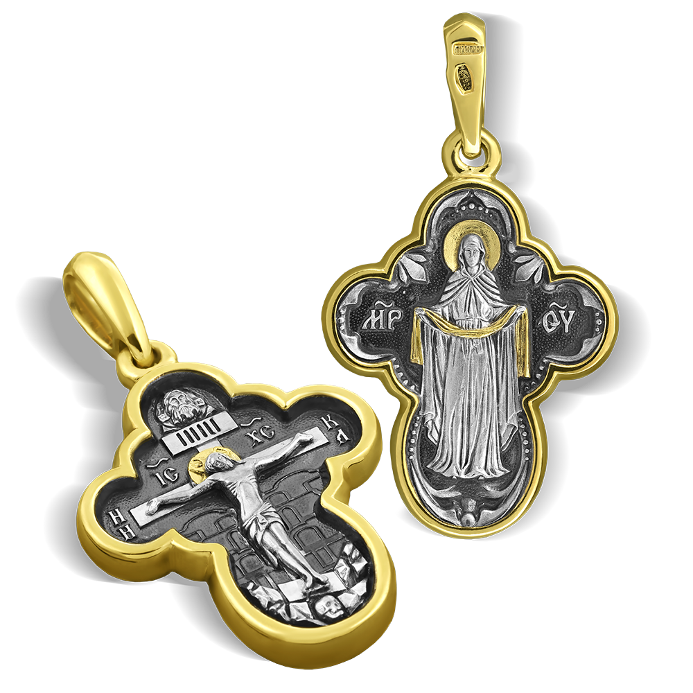 Нательный крест «Покров Божией Матери» серебро/золочение