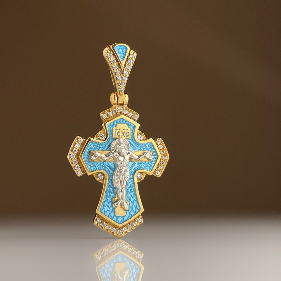 Нательный крест с камнями и эмалью КРСЭ 118 серебро/золочение