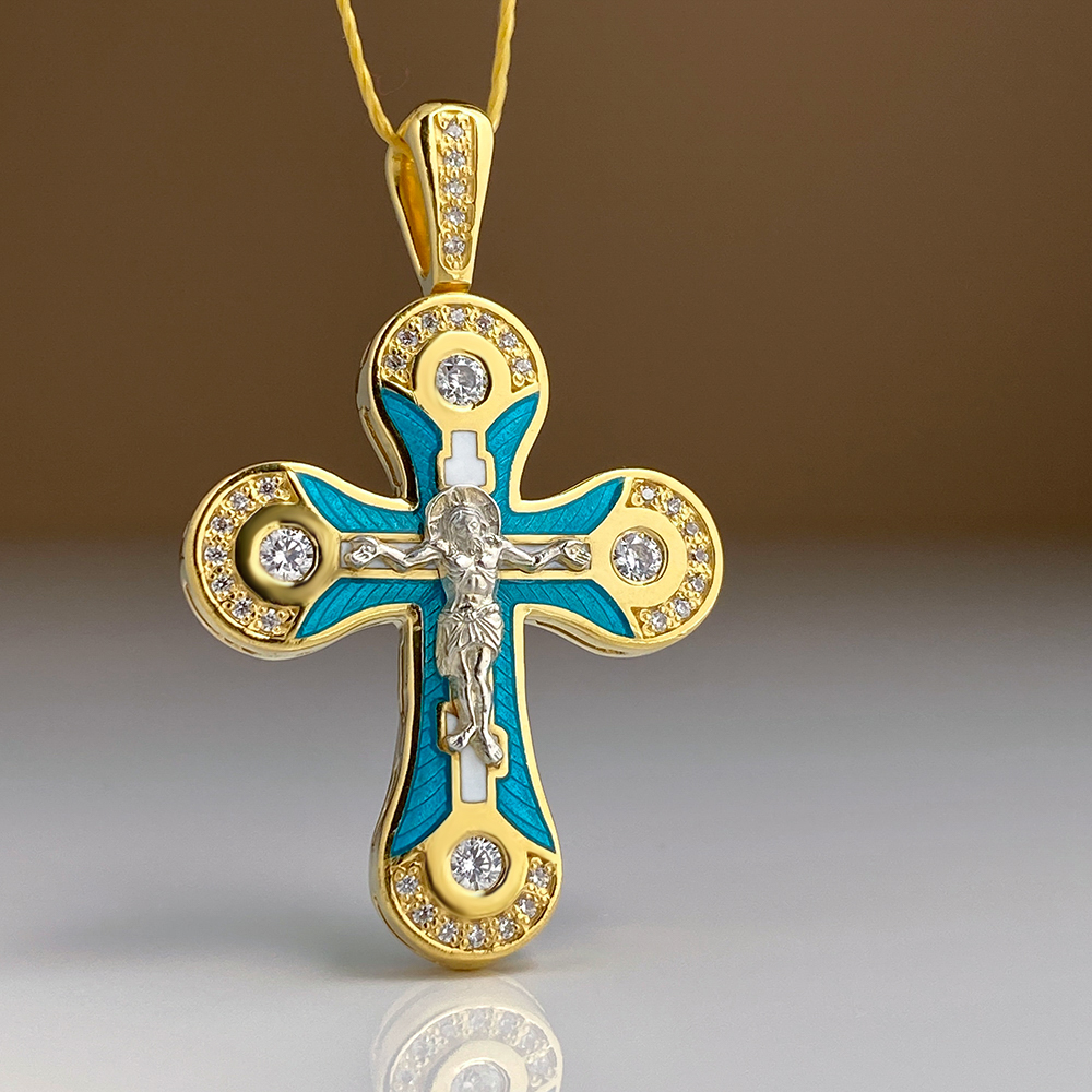 Нательный крест с камнями и эмалью «КЭ103» бирюзовый серебро/золочение