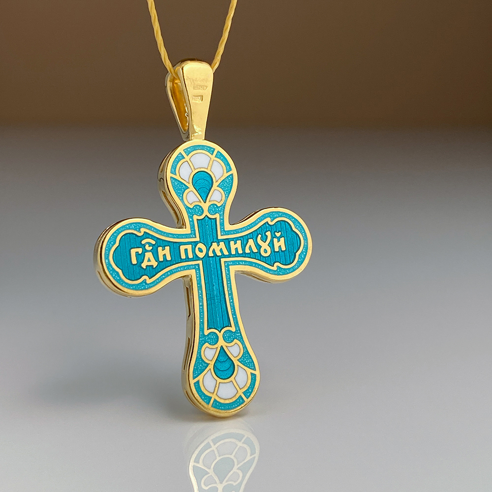 Нательный крест с камнями и эмалью «КЭ103» бирюзовый серебро/золочение