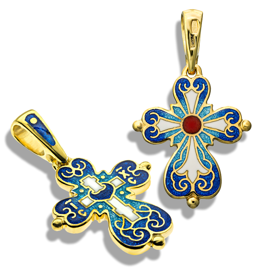 Нательный крестик детский с горячей эмалью «К26» серебро/золото