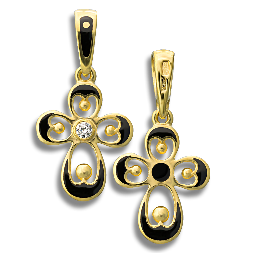 Нательный крестик черный с горячей эмалью «КЭ25» серебро/золото