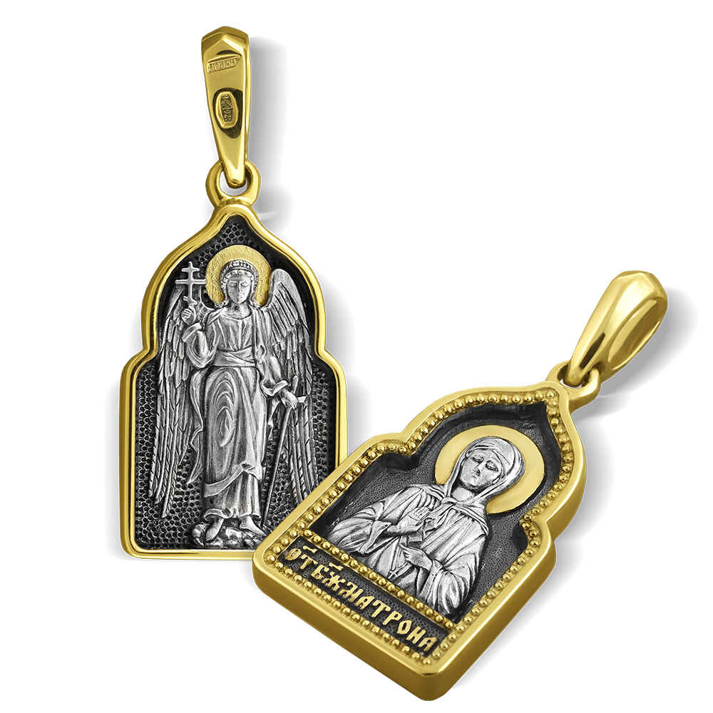 Нательная икона «святая Матрона. Ангел хранитель» ПД21 серебро/золочение