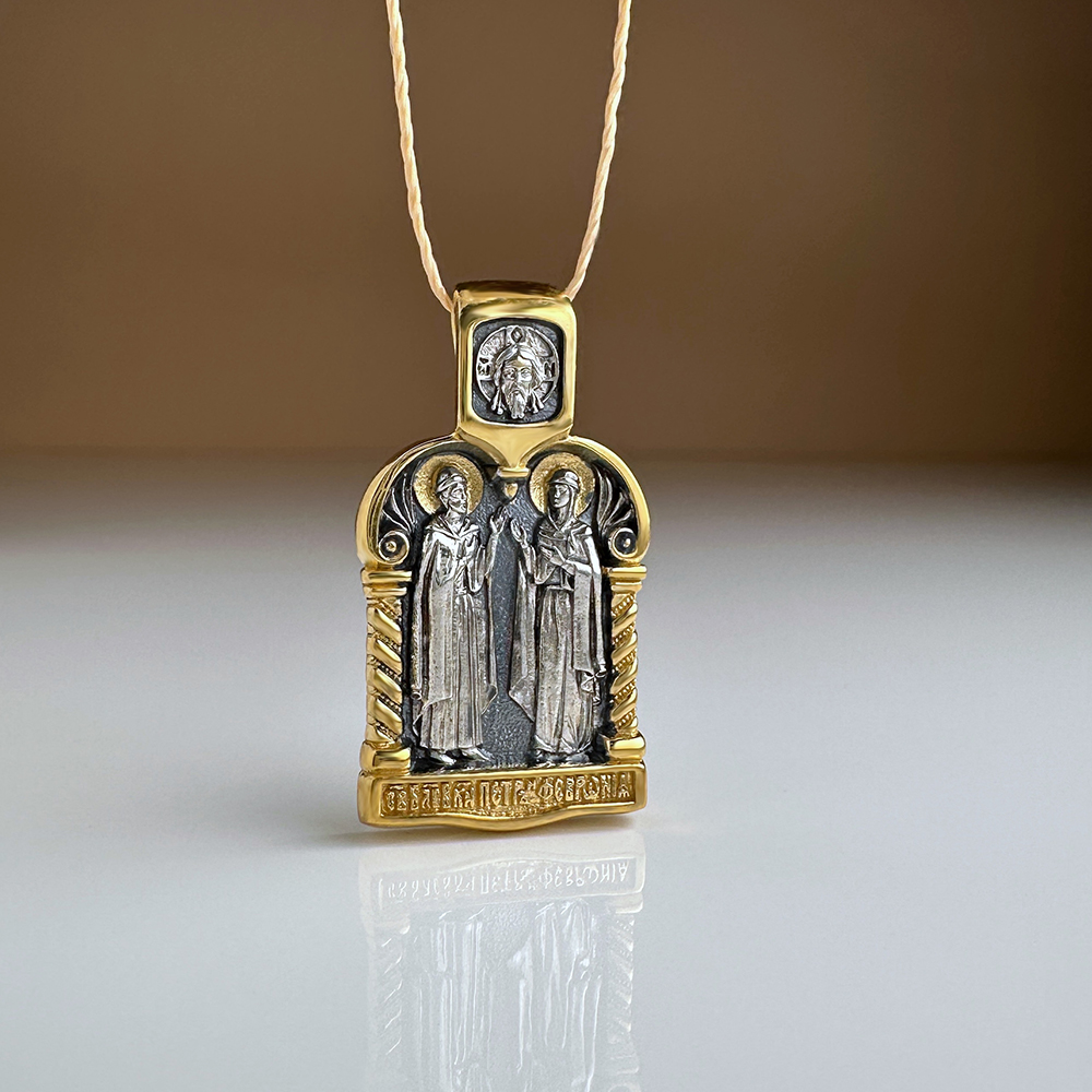 Нательная икона «Пётр и Феврония» ПД68 серебро/золото